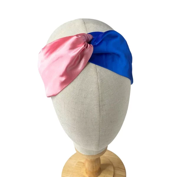 Faixa turbante cetim rosa claro e azul royal feita à mão