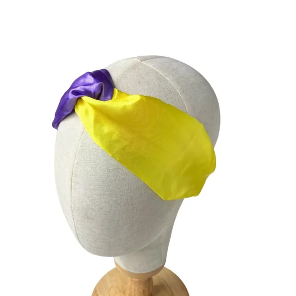 Faixa turbante bicolor cetim roxo e amarelo cruzada