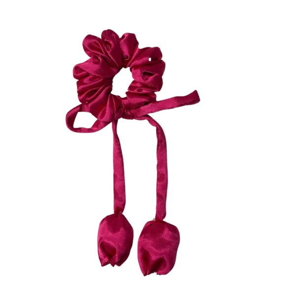 Scrunchie Tulipa rosa forte com fitas em cetim
